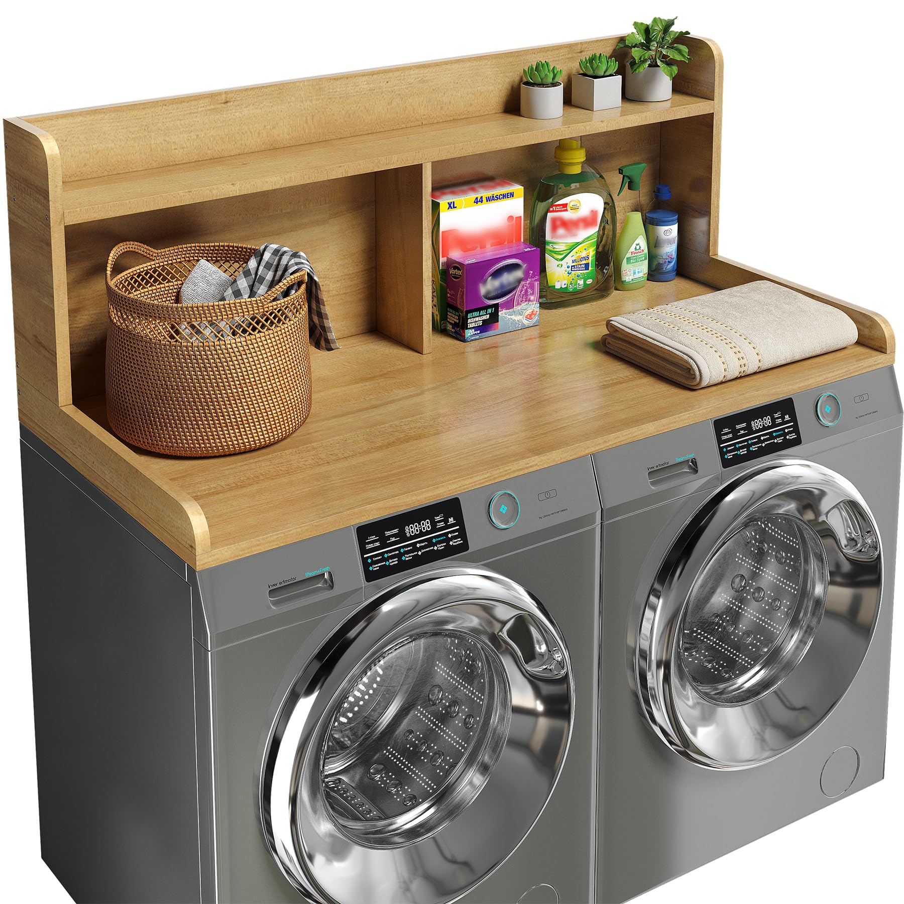 Photo 1 of 2-Tier Washer Dryer Countertop, 18.5" Raised Height Laundry Countertop with Edge Rails and Non-Slip Pad, 54"W x 27.55"D Washer and Dryer Topper for Laundry Room Storage Organization (Pure Wood Color)