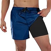 BRISIRA Mens Swim Trunks Neon 5" Bathing Suit Compression Liner Nylon Swim Shorts Beach Swimsuit Swimwear Quick Dry Pockets