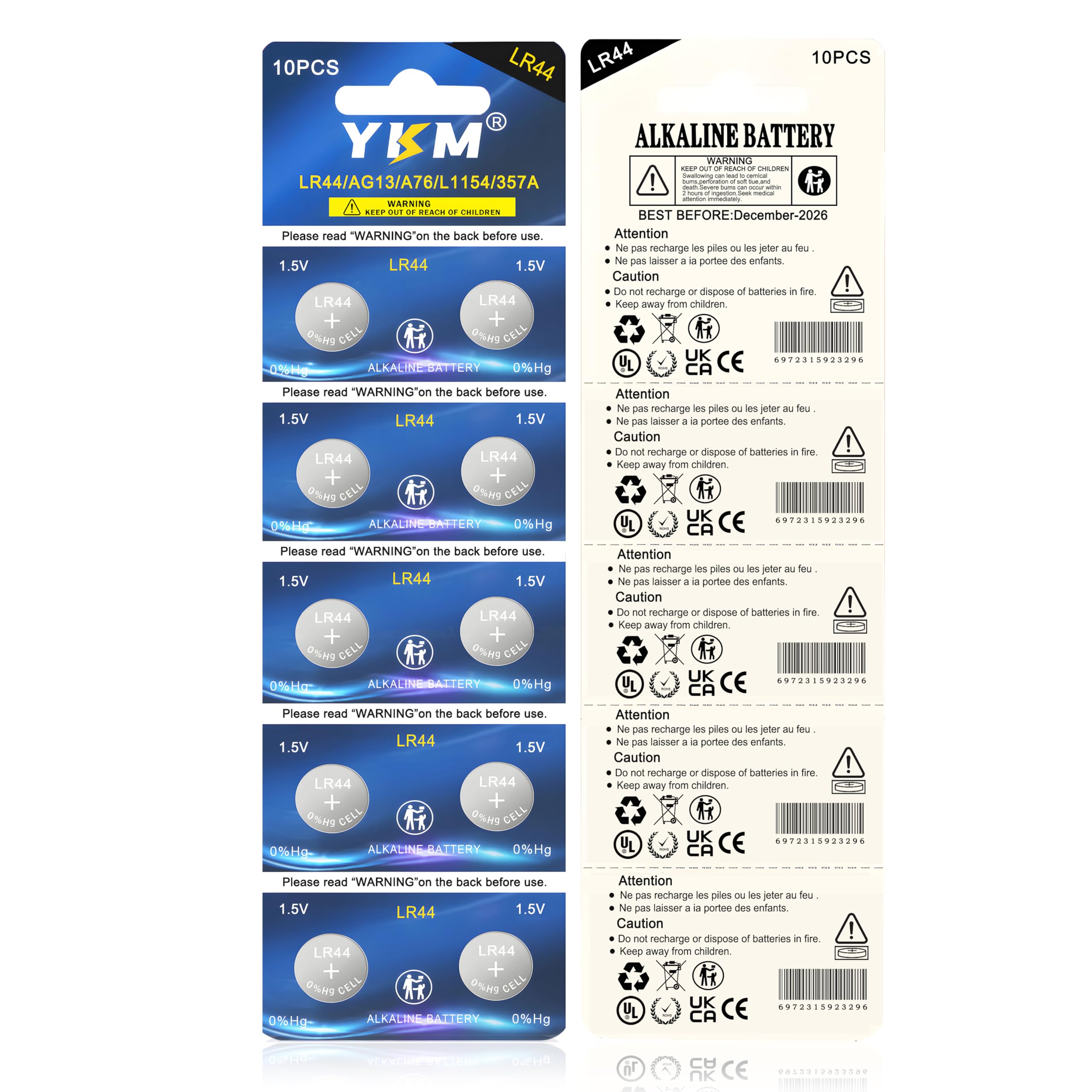 YKM 10 Pack LR44 Batteries AG13 L1154f A76 357/303 L1154 L1154c LR44h 1.5V Alkaline Batteries for Digital Caliper Watch Battery