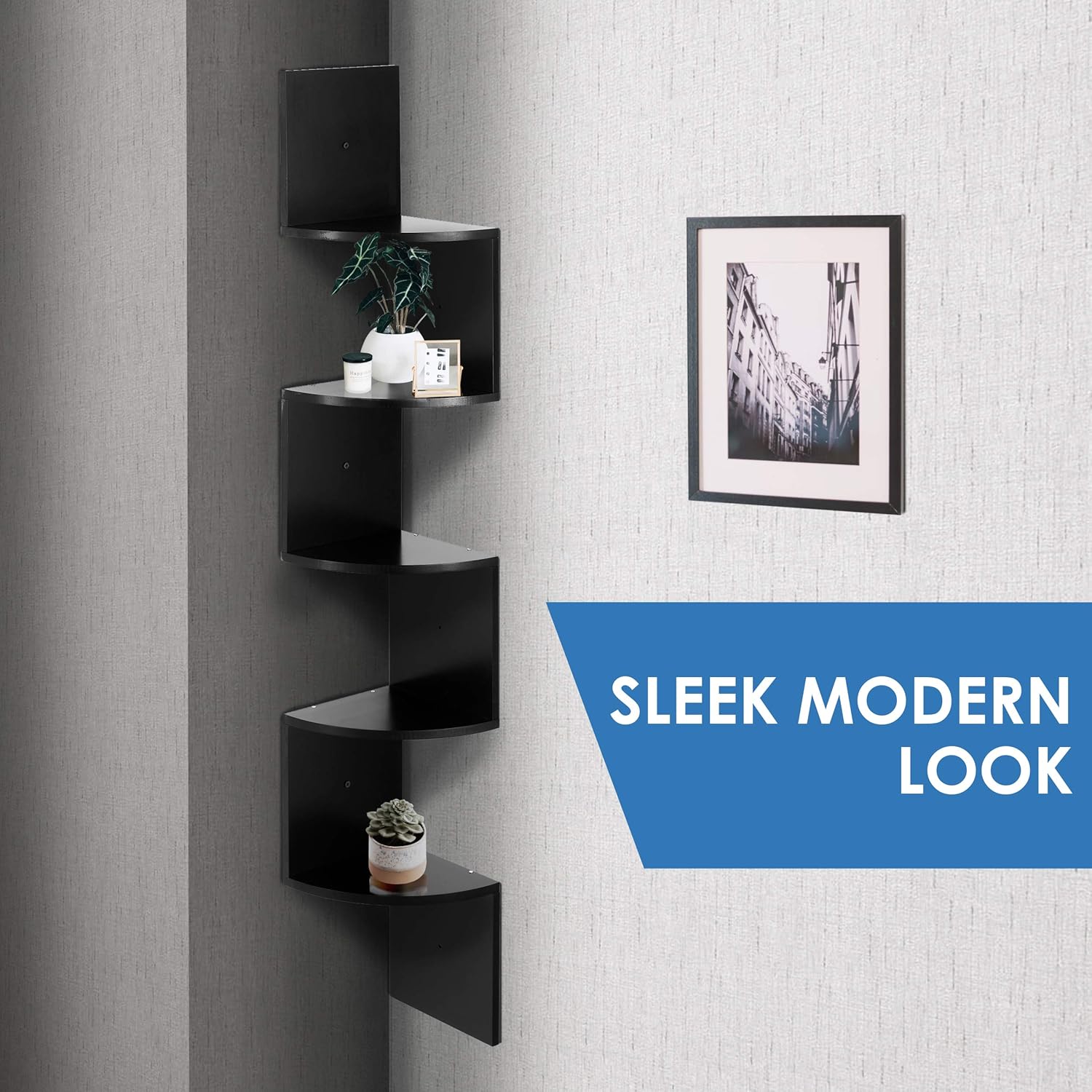 Wall Mount Corner Shelves, 5 Tier Zigzag Decorative Design by Halter, Black: Kitchen & Dining