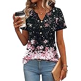 Zeagoo Womens Short Sleeve Tops Summer Henley V-Neck Tshirts Casual Pleated Blouse Dressy Loose Floral Basic Tee