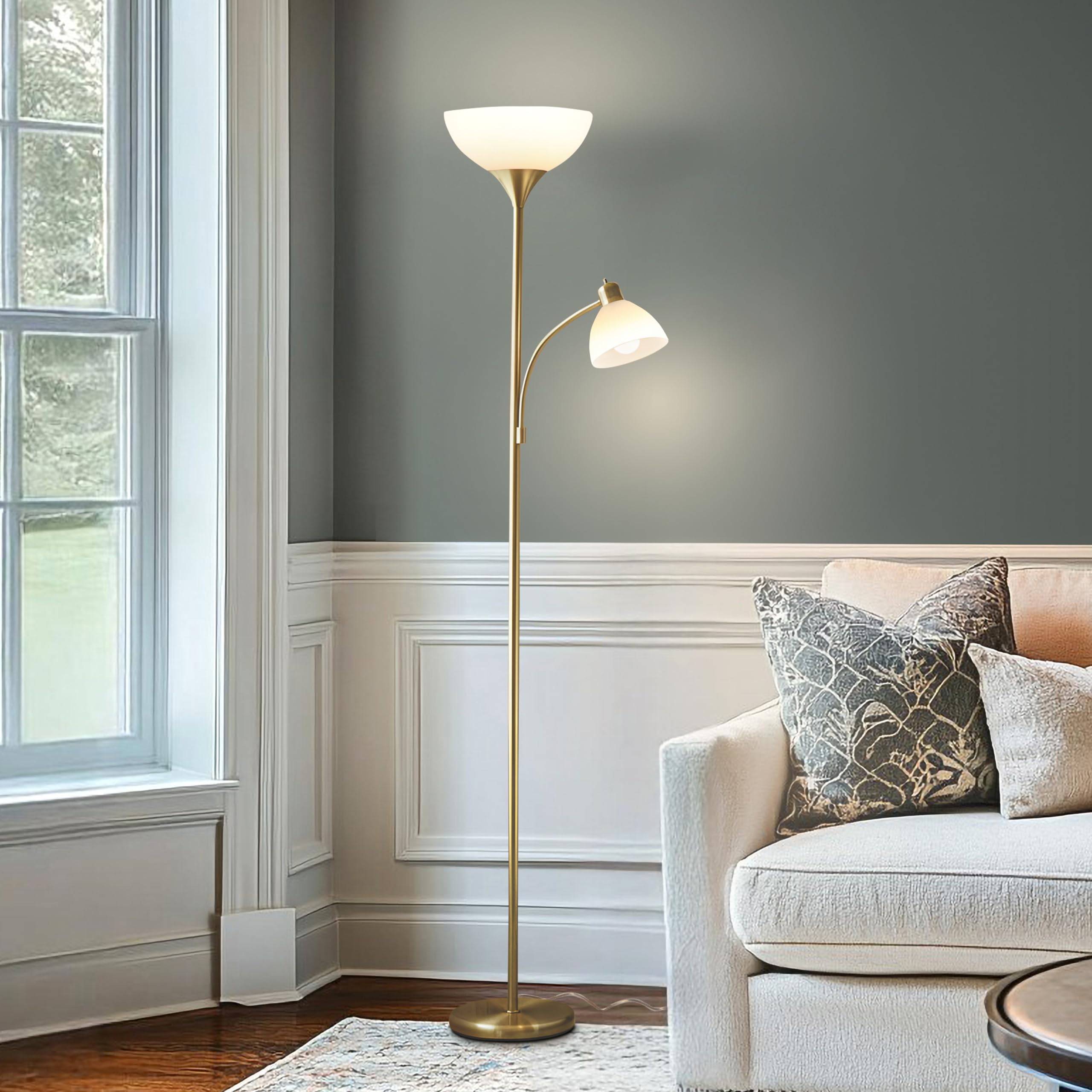 Photo 1 of Brightech Sky Dome Plus LED Floor lamp, Torchiere Super Bright Floor Lamp with Reading Lamp for Living Rooms & Offices - Dimmable Tall Standing Lamp for Bedroom Reading - Gold Brass