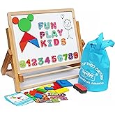 TOWO Wooden Easel for Kids, Foldable Double-Sided Magnetic Board | Includes magnetic letters, numbers, shapes and paper roll; tabletop art easel for drawing, learning and creative play.
