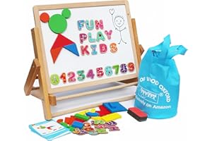 Toys of Wood Oxford TOWO Wooden Easel for Children Foldable Double Magnetic Boards Magnetic Shapes Letters Numbers and Paper roll Kids Art Easel -Table Top Magnetic Board for Kids