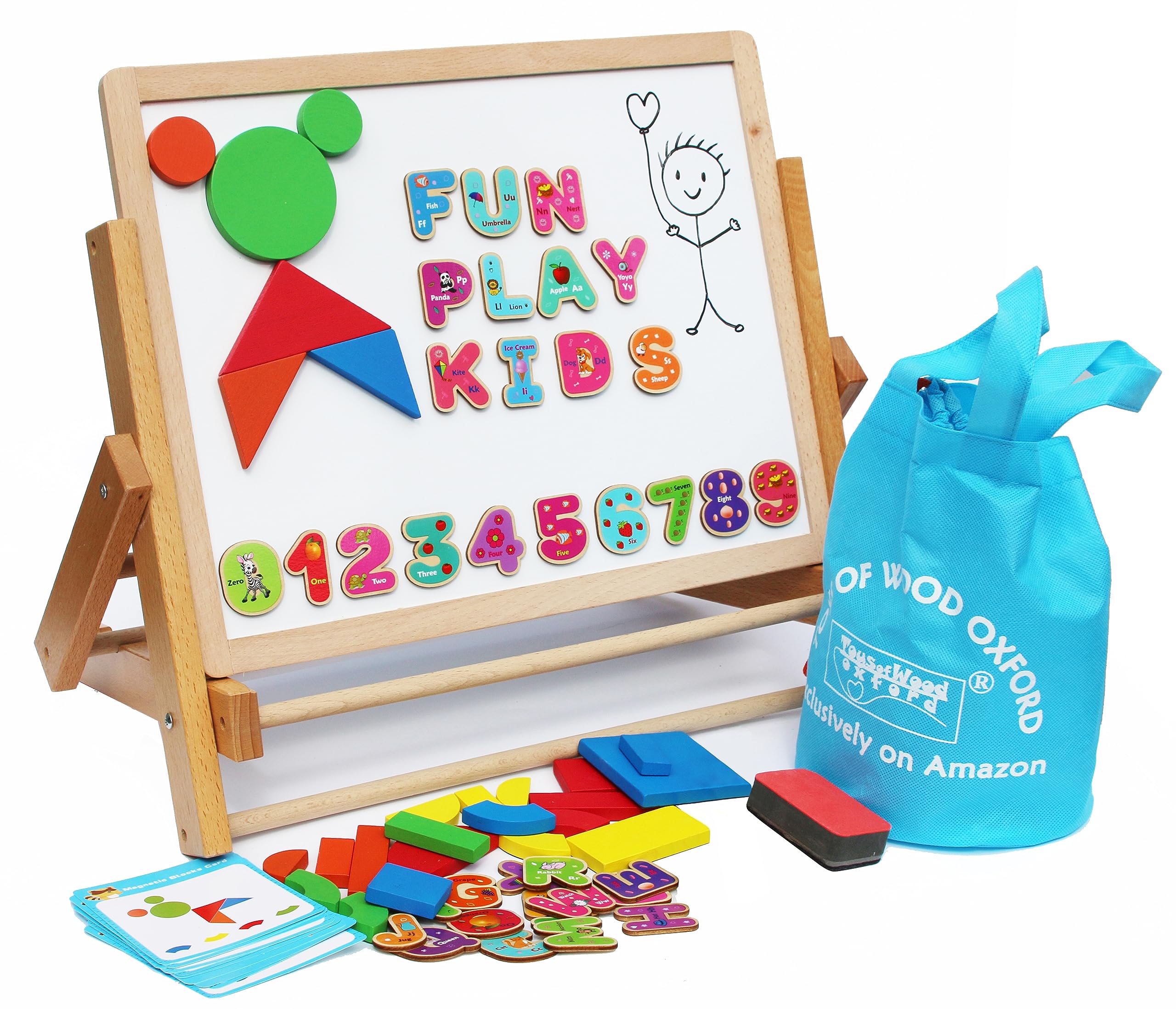 Toys of Wood Oxford Wooden Easel for Children Foldable-Double Magnetic Boards Shapes Letters Numbers Paper Roll Kids Art-Table Top Magnetic Board Black White Drawing Board for Kids