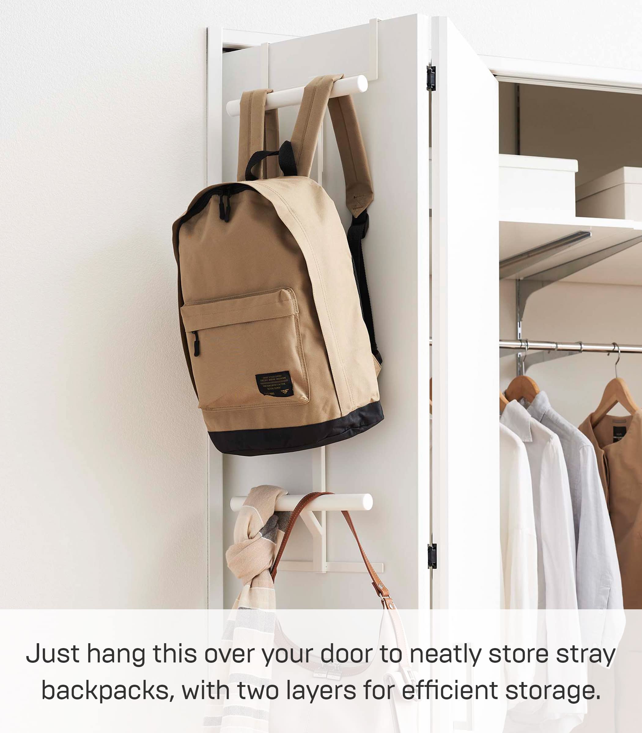 Yamazaki Home Tower Backpack Over The Door Hanger for Closet Or Bedroom, Two-Tiered Bookbag Metal Storage Rack, Easy Installation - Steel