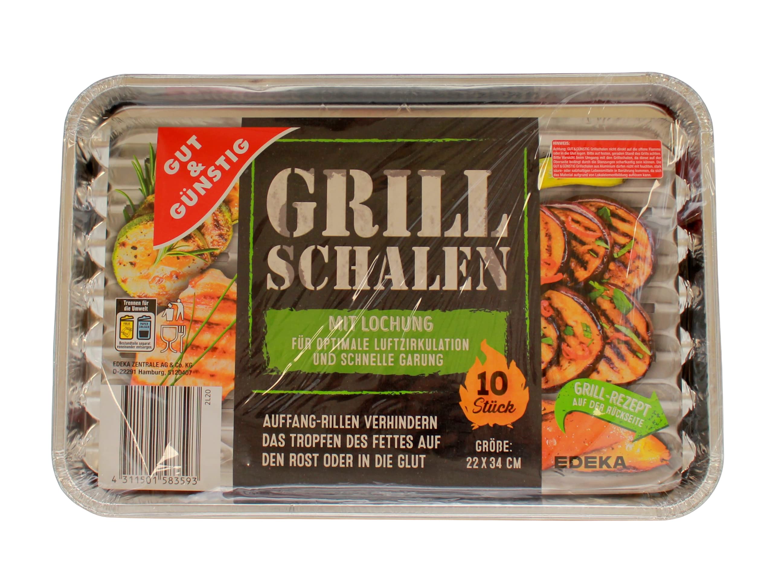 Edeka BBQ Trays, Aluminium, Square, 10 Pack, 22.5 x 34 cm, With Grease Collection Grooves