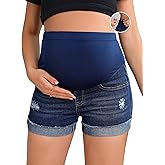 BEAUDRM Women's Maternity Adjustable High Waist Ripped Roll Up Hem Denim Mini Shorts with Pocket
