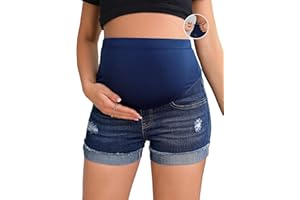 BEAUDRM Women's Maternity Adjustable High Waist Ripped Roll Up Hem Denim Mini Shorts with Pocket