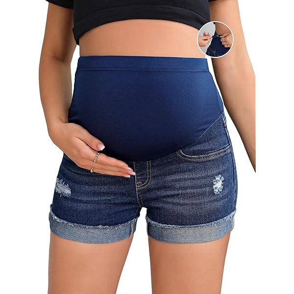 Maternity Denim Shorts - High Waist Stretchy Distressed Jeans Shorts For Pregnancy