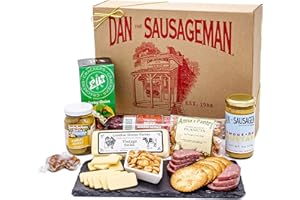 Dan the Sausageman Juneau Gourmet 8 items Gift Basket - Original Summer Sausage, Wisconsin Cheese, Mustard, Craker, Olives, Nuts and Candy | Gift Snack Box