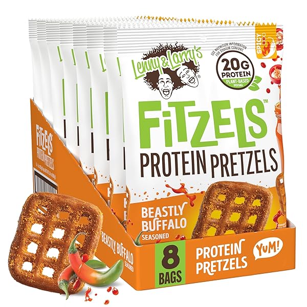 LENNY & LARRY’S FITZELS PROTEIN PRETZELS [BEASTLY BUFFALO] – 8 X 3OZ BAGS OF HIGH PROTEIN SNACKS WITH 20G PLANT BASED PROTEIN – VEGAN SNACK – INCREDIBLY TASTY WITH SALTY CRUNCH