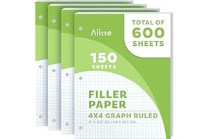 Alitte Loose Leaf Graph Paper, 4x4 Grid, 600 Sheets (150/Pack) Graphing Paper for School, College, Office - 3 Hole-Punch Sheets for Ring Binders, Notebooks, Pocket Folders - White, 8 x 10.5 inches
