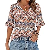 Zeagoo Womens Tops Casual V Neck Shirts Floral Solid Blouse Ruffle Tunics 3/4 Sleeve Tshirt S-XXL