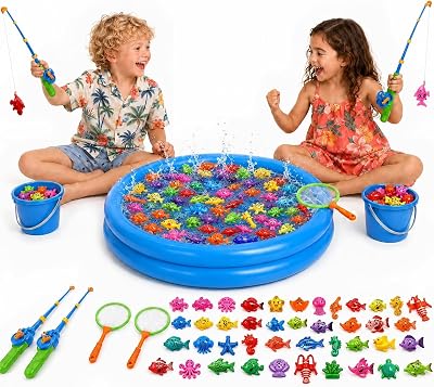 XXL Angelspiel Set mit Planschbecken Wasserspielzeug Kinder Outdoor & Poolspielzeug für Ihre 2 Kinder ab 3 Jahren -Strandspielzeug, Gartenspielzeug Badespielzeug Sandspielzeug inkl. 2 Angeln, 2 Eimer