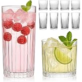 Laerjin Drinking Glasses Set of 8, 12 oz Highball Glasses & 10 oz Cocktail Glasses Set, Ribbed Glass Cups,Thick Glass Cups, K