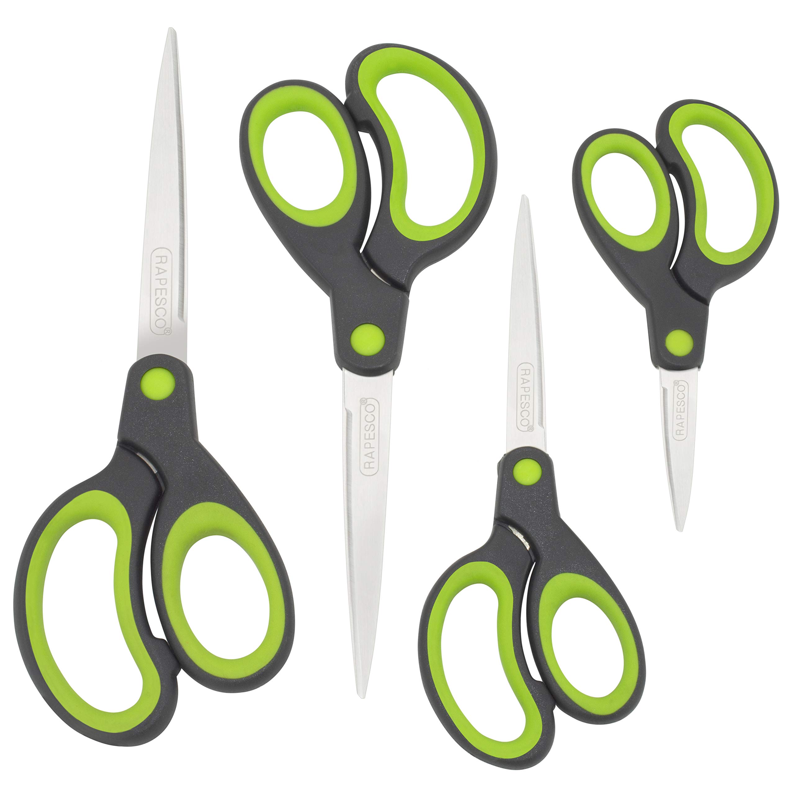 Rapesco 1576 Soft Grip Handle Scissors, Black/Green, Set of 4