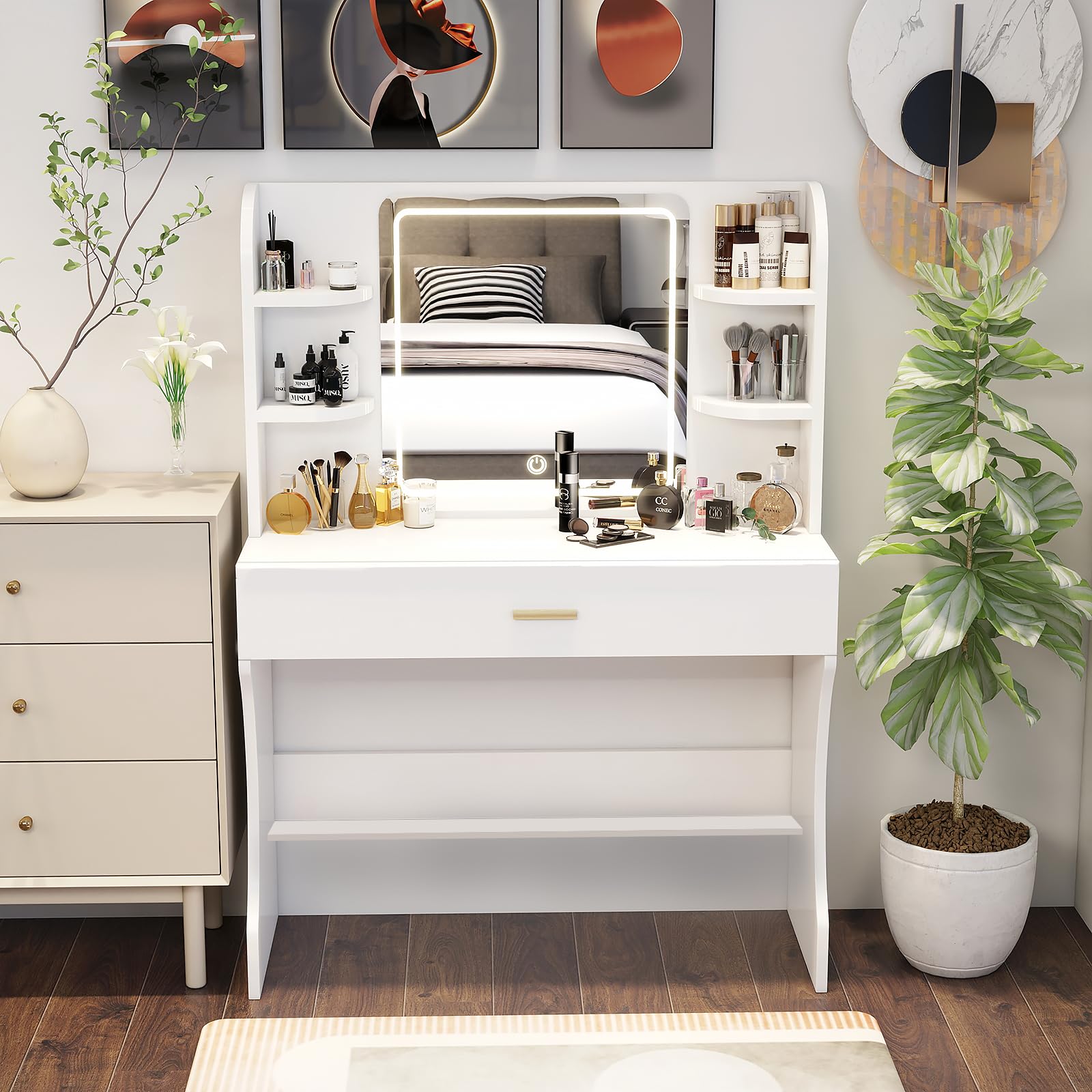 Photo 1 of CFTEL Vanity Desk, Makeup Vanity with Mirror and Lights, White Makeup Vanity Table with Big Drawer, Power Outlet, Stronger Links, for Bedroom, Dressing Room