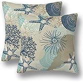 BEITUOLA Nautical Coastal Throw Pillow Covers 18x18 Set of 2 Beach Ocean Decorative Pillow Covers Starfish Seashell Coral Outdoors Pillowcase Cushion Case Home Decor for Sofa Couch Bed Bedroom