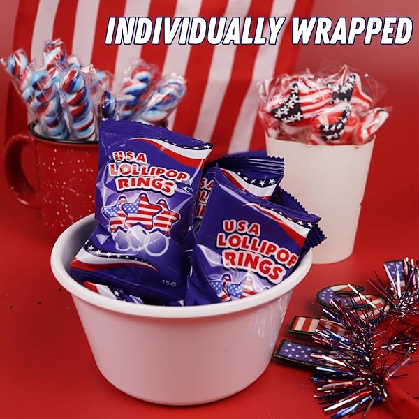 RED, WHITE AND BLUE CANDY, AMERICAN FLAG STAR SUCKERS, 4TH OF JULY TREATS, INDIVIDUALLY WRAPPED LOLLIPOPS (RING)