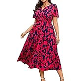 Women's 2026 Plus Size Summer Dress Short Sleeve V Neck Smocked Boho Beach Vacation Wedding Guest Floral Maxi Dresses