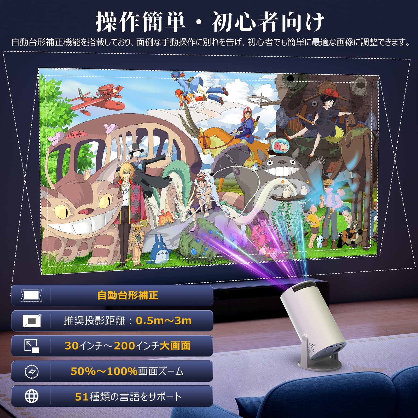 Projector for Home Use, 270° Rotation, 18,000 LM, 4K Compatible, Android TV Included, PSE Certified, Projector, Small, High Brightness, Real 1080P, Ceiling Projection, Wi-Fi 6 Instant