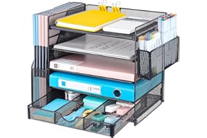 Lemonsea Desk Organizers, 5-Tier Letter Tray Paper Organizer with Sliding Drawer and Pen Holder, Desktop File Organizer for S