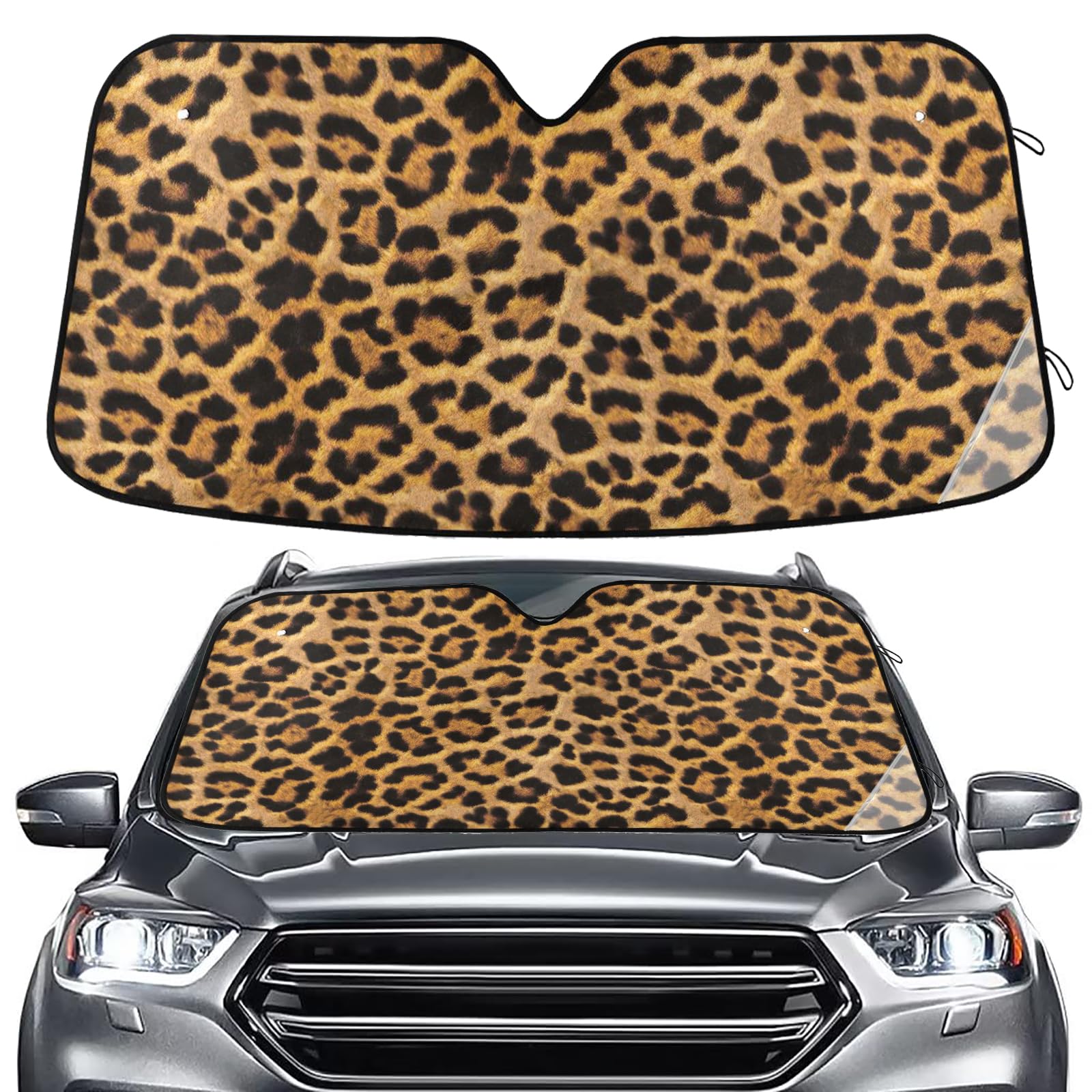 Photo 1 of Brown Black Leopard Windshield Sun Shade for Car Auto SUV Truck Foldable Front Window Sunshade Sun Visor Protector Block UV Rays Reflect Heat, 55" x 28"