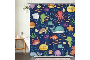 Ufeela Kids Sea Animal Shower Curtain 60Wx72L Inch Undersea Cute Cartoon Fish Shower Curtain Bathroom Set Whales Dolphin Underwater Navy Blue Ocean Bath Curtain Bathtub Accessories Home Decor