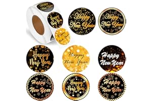 Outus 800 Pcs 2026 Happy New Year Stickers Round Black and Gold Stickers Bulk 1.38 Inch Snowflake New Year Labels Decorative for 2026 Christmas Holiday Cards Envelopes Gift Boxes, 8 Designs