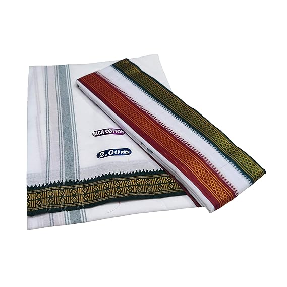 Cotton Cool 100% Cotton Dhoti For Men's Size:Dhoti 2.00 Mts+Angavastram:68 Inch X 174 CM, Width:33 Inch X 84 CM 2.00 Mts (Pack of 2 Piece)