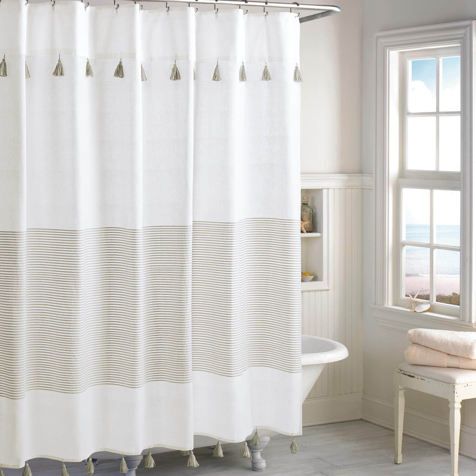 Peri Home Panama Stripe Boho Farmhouse Tassel Shower Curtain 100% Cotton Fabric Shower Curtain with Tassels for Bathroom Decor, 72 x 72 inches, Taupe