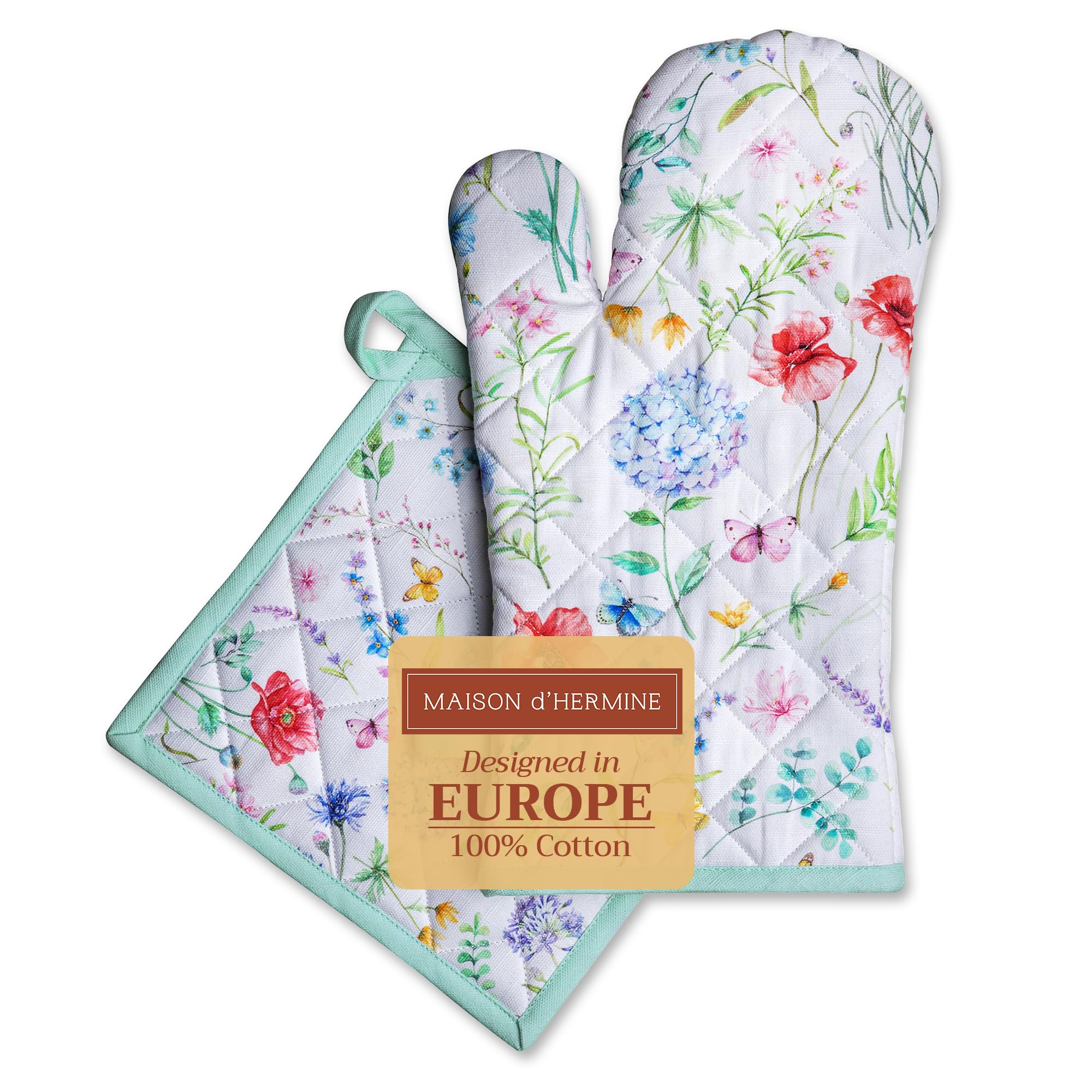 Maison d' Hermine 100% Cotton Oven Mitt & Pot Holder Set (19 x 33 cm & 20 x 20 cm) Heat Resistant BBQ Cooking Gloves with Loop for Baking Handling Hot Pans Gifts for Mothers Day (Just Floral)