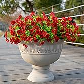 SOAGREVI Artificial Faux Plants Flowers Outdoor Spring Summer Decoration,12 Bundles Fake Silk Colorful Daisy Eucalyptus Realistic UV Resistant for Outside Home Planter Porch Patio Yard Decor (Red)