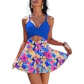 AI'MAGE Women's One Piece Swimdress V Neck Tie Back Skirt Swimsuit Push Up Tummy Control Bathing Suits