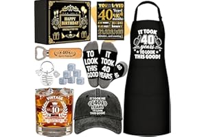 40th Birthday Gifts for Men Whiskey Glass Set, Cool Gifts for 40 Year Old Men with 11 Oz Whiskey Glass Apron Baseball Cap Soc