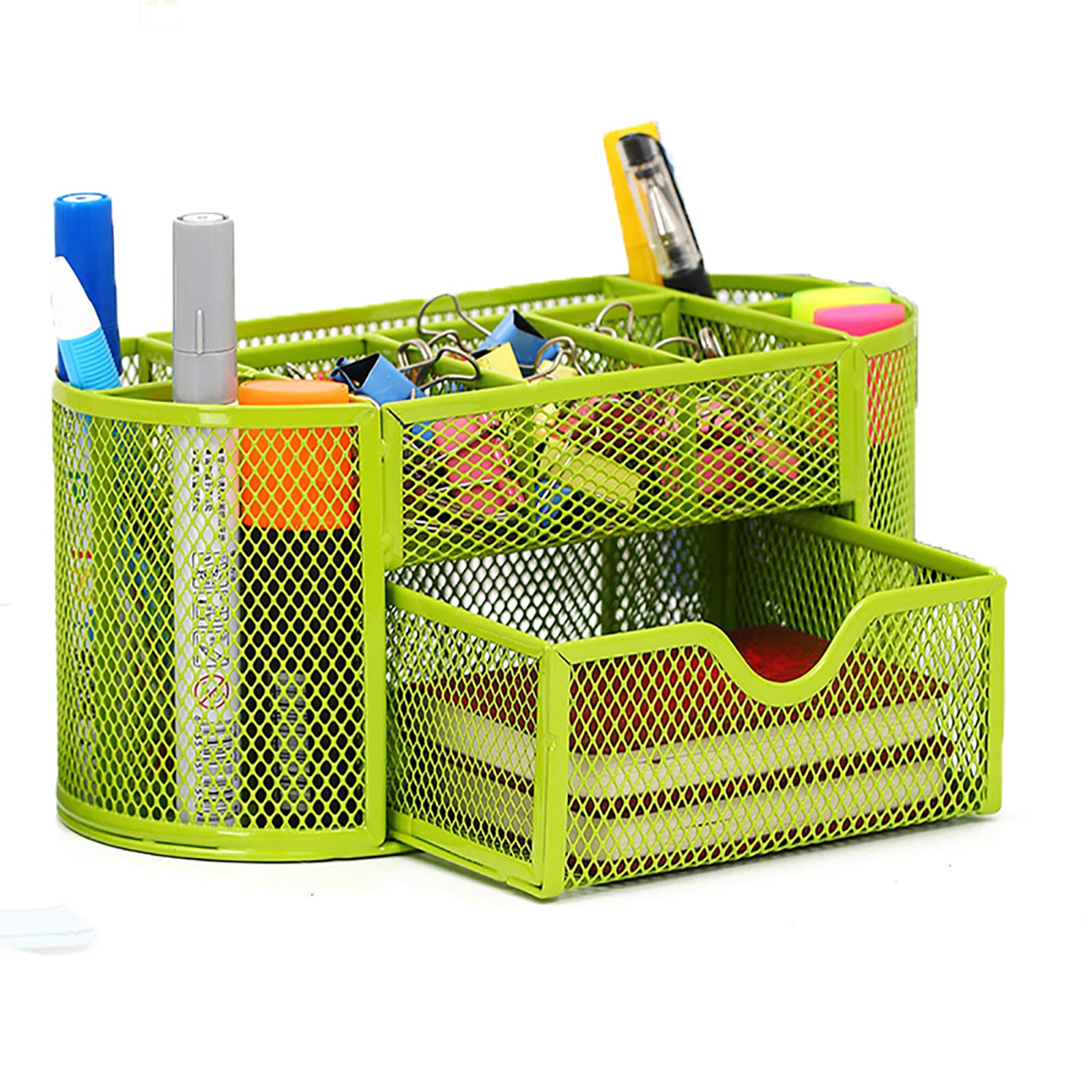 VANRA Oval Metal Mesh Desk Organizer,Desk Tidy,Pen Holder with 8 Compartment and a Storage Drawer,Office Desk Accessories for Pencil,Clips, Eraser, Green