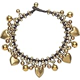 Women's Brass Gold Tone Heart Charm Bead Bell Ankle Anklet Bracelet, 26 cm