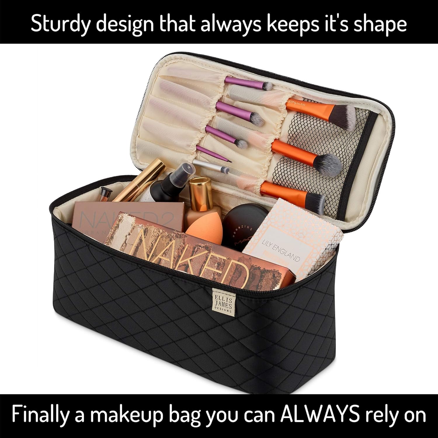 Ellis James Designs Large Travel Makeup Bag Organizer - Cosmetics Train Case Toiletry Bags for Women - Black - With Handle & Make Up Brush Holders - Professional Hair Dryer Cases & Beauty Storage : Beauty
