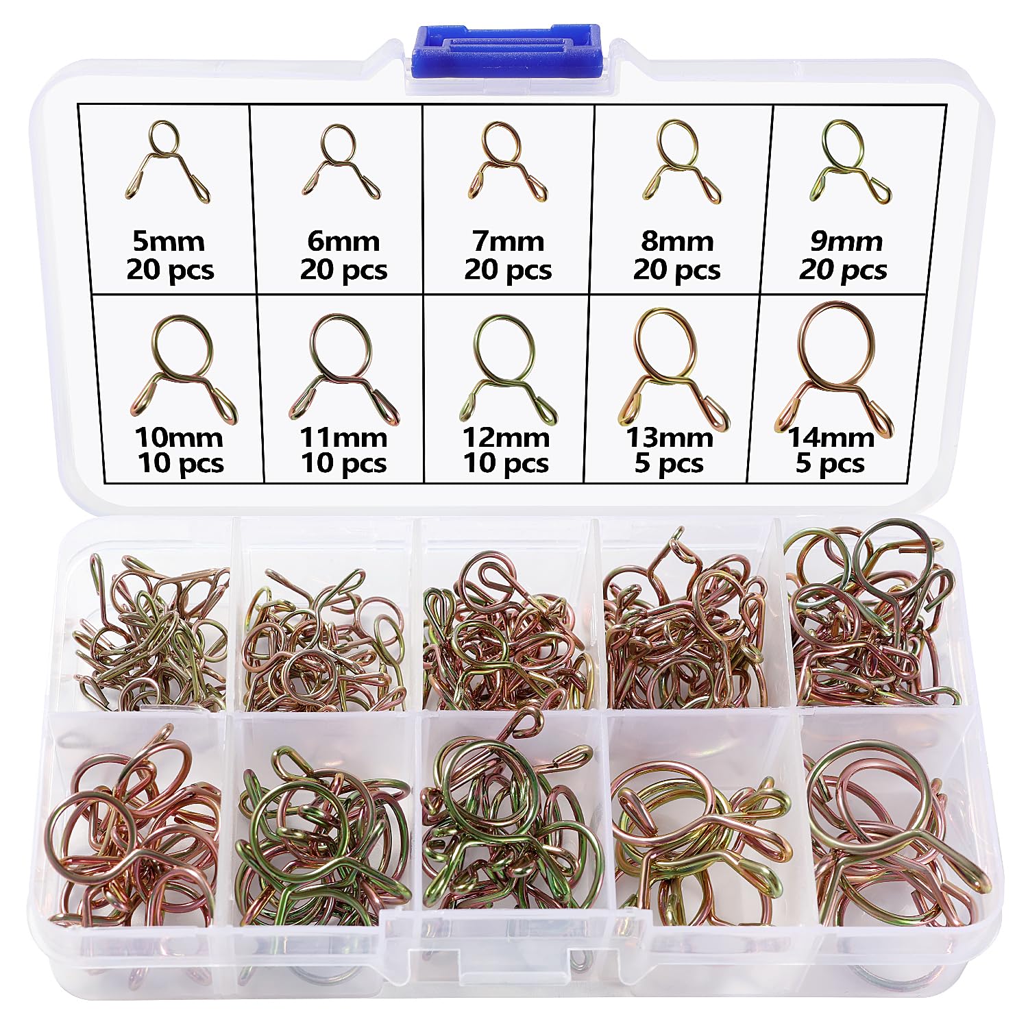 Lyeteung 140 PCS 10 Sizes 5-14 mm Single Wire Spring Hose Clamp Kit, Air Tube Clamps Fastener, Fuel Line Hose Tube Spring Clips, for Air Hose Fuel Pipe Silicone Hose, Gold