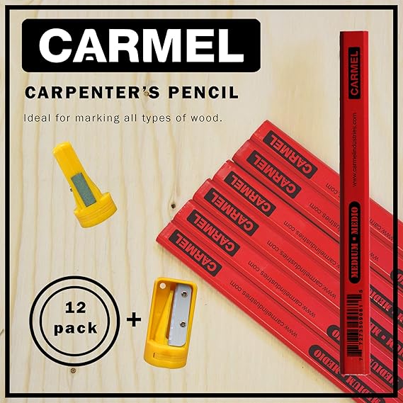 Carmel Carpenter's Pencil Medium Lead Pack of 12 with Sharpener, Construction Pencil, Flat Black