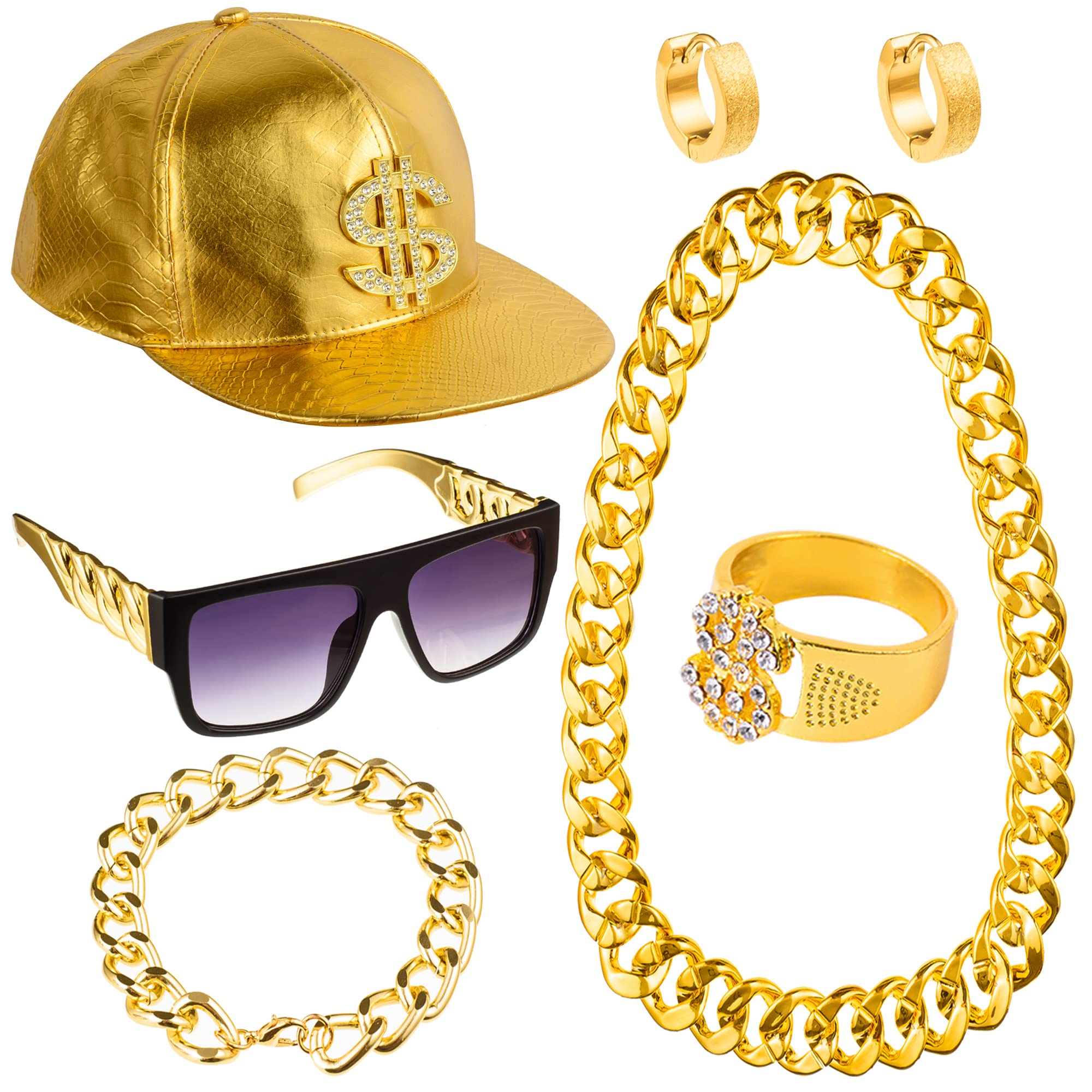 Peirich 80s 90s Costumes Outfit for Men Women, Hip Hop Costume Kit Metal Chain Flat Top Sunglasses Rapper Big Chain Necklace and Bracelet Baseball Gold Cap