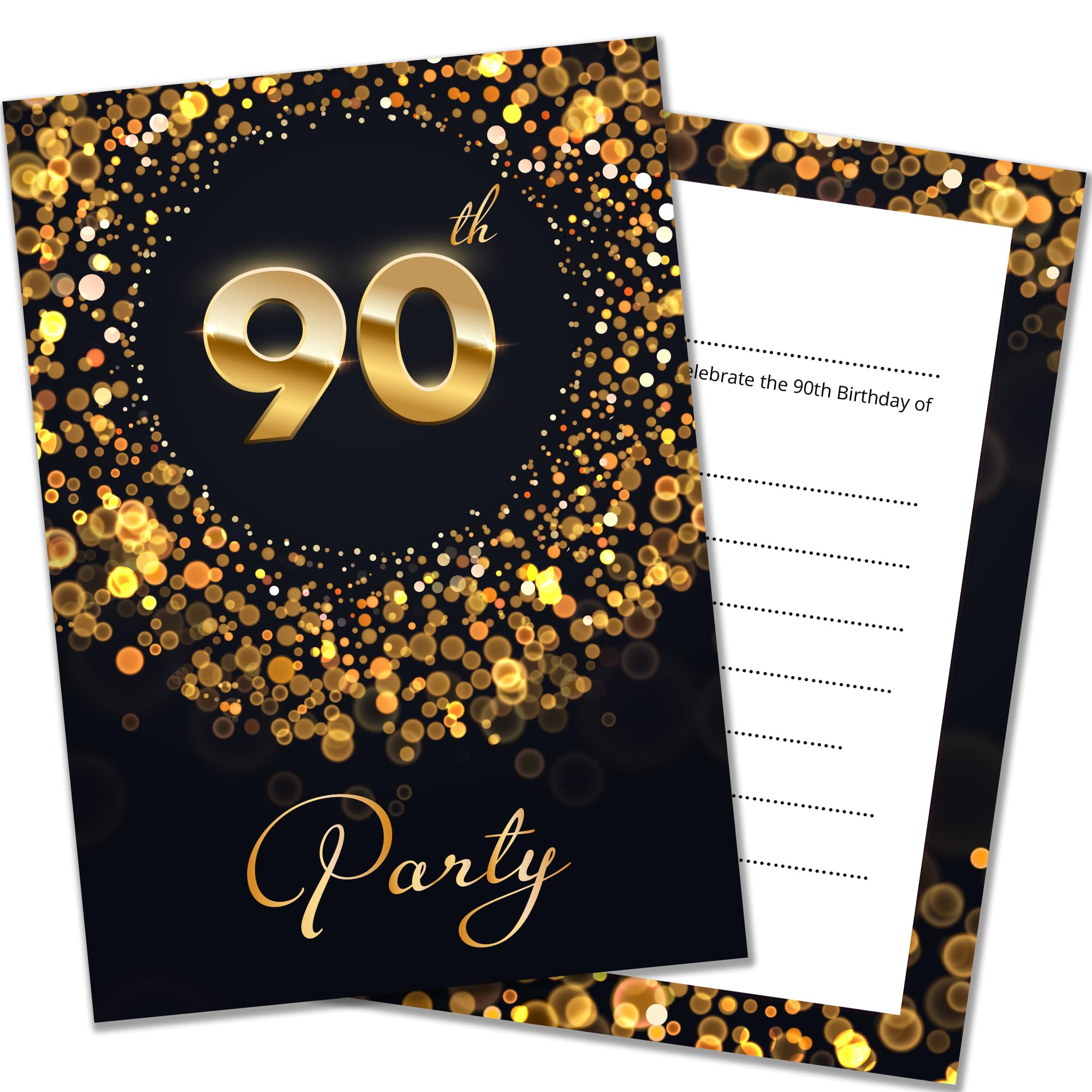 Olivia Samuel 20 x 90th Birthday Party Invitations with Envelopes - Ready to Write - Black and Gold Effect - Designed and Printed in the UK