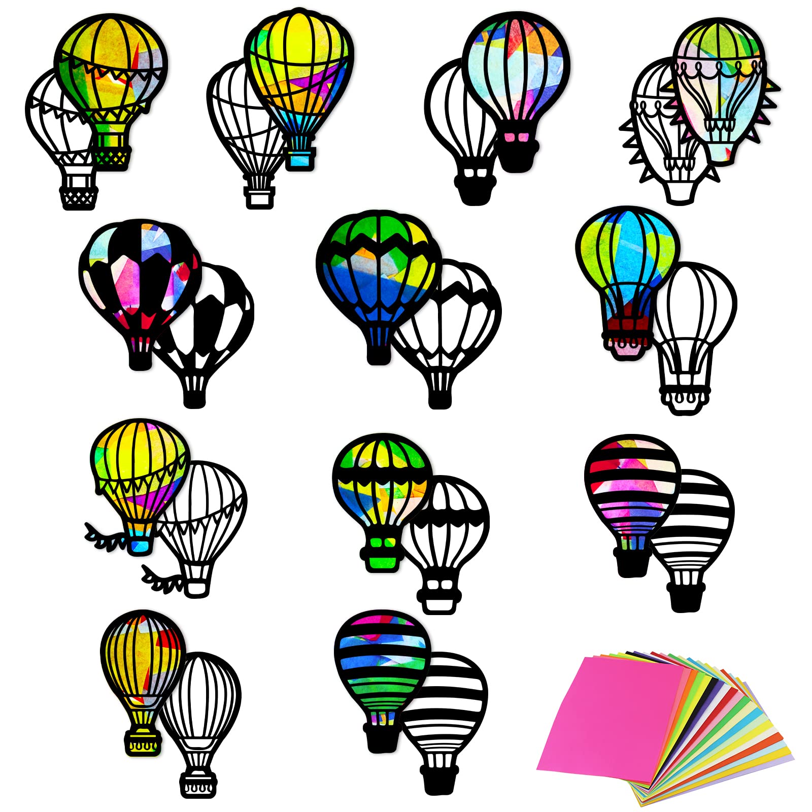 ORIGACH 48 Pcs Hot Air Balloon Suncatcher Kit, 12 Types Hot Air Balloon Tissue Paper Stained Glass Kit with Colored Tissue Paper for Window Classroom Art Craft