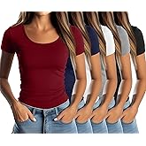 Locoowai 5 Pack Women's Scoop Neck Short Sleeve Shirts Fitted Tops Bulk Casual Basic Stretchy Tight Summer Multipack Tees