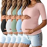 Sweetyweee 5 Pack Women's Cotton Ribbed Maternity Shirts Bulk, Half Sleeve Scoop Neck Multipack Side Ruched Pregnancy Tees