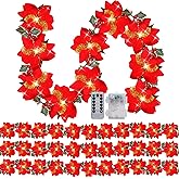 Zubebe 4 Pcs Prelit Poinsettia Christmas Garland with String Lights Glitter Holly Leaves Berries Remote Timer 8 Modes 6.5 ft Lighted Flower Garland Battery Operated Indoor Outdoor Decor (Red)