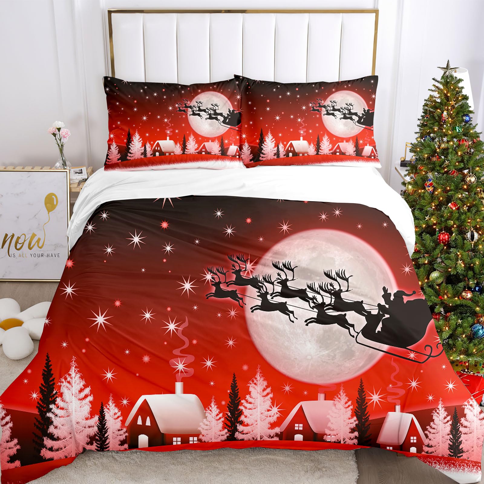 IUNTWEIE Christmas duvet set double,Santa Claus and Moose Snowman Red Duvet Cover,Christmas Decoration,Soft Zippered Bedding Set (F, 220x240cm)