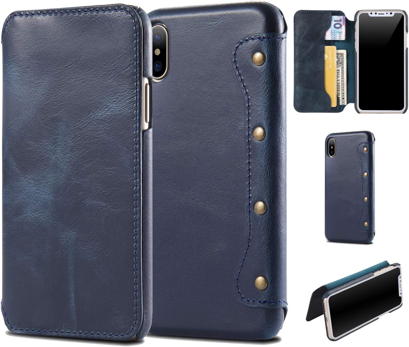 iPhone Xs Max Leather Wallet Case,AKHVRS Genuine Leather [Folio Cover][Stand Feature] Vintage Handmade Premium iPhone Xs Max Wallet Folding Flip Case for iPhone Xs Max - Blue