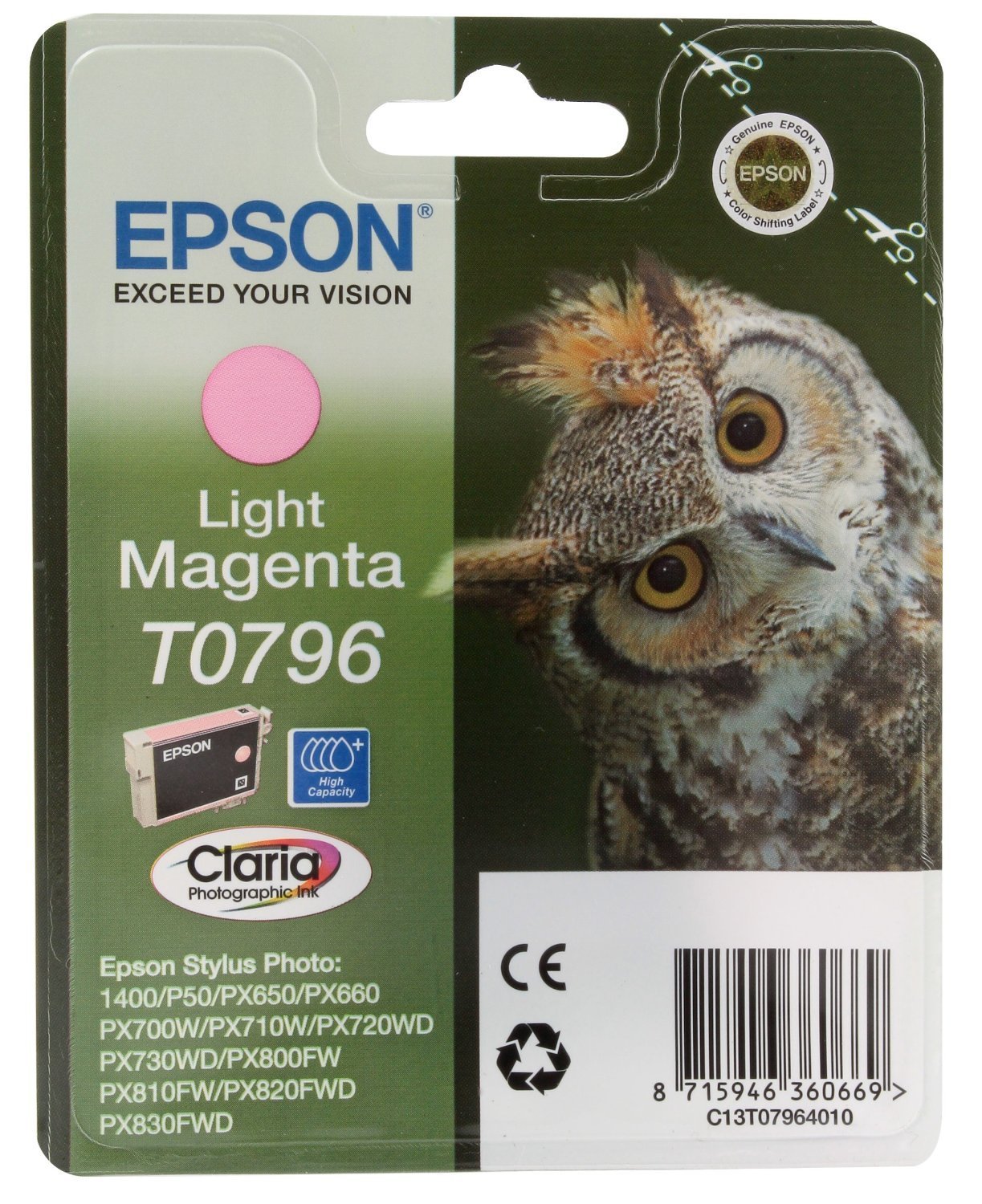 Epson T0796 Original Light Magenta red Ink Cartridge for Stylus Photo 1400 (Owl), Genuine